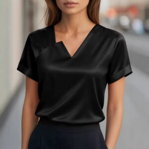 Satin Asymmetric V-Neck Short-Sleeve Shirt For Women