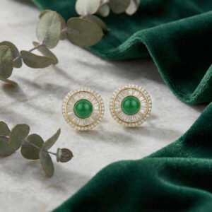 925 Sterling Silver Stunning Round Emerald Center Earrings with Baguette and Round CZ Halo Design