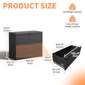 Lateral File Cabinet 2 Drawer, Black Filing Cabinet With Lock, Lockable File Cabinet For Home Office, Locking Metal File Cabinet For Legal Letter A4 F4 Size