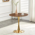 Round Dining Table, 31.5in Circle Tulip Table With Thickened Tabletop & Metal Pedestal, Mid Century Modern Bistro Table For Kitchen, Small Places, Living Room, Cafe Faux Walnut