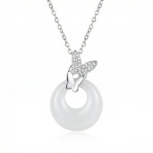 925 Sterling Silver Elegant Butterfly White Jade Pendant Necklace with Sparkling Cubic Zirconia Accents