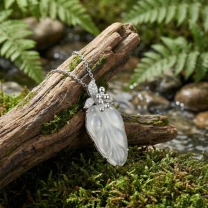 925 Sterling Silver Elegant Silver Necklace with Carved White Jade Leaf Pendant and Sparkling Foliage Accents