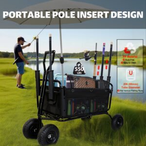 Fishing Cart Beach Cart Collapsible Wagon 9.85 All- Terrain Wheels For Sand Heavy Duty Garden Cart With Rod Holders Umbrella Holder And Storage Pockets 550lb Large Capacity Black