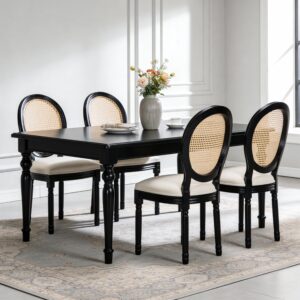 French Country Dining Chairs Set Of 2, Upholstered Chairs With Rattan Round Back, For Living Room, Kitchen , Restaurant Use, Black Solid Wood Frame, Beige Fabric