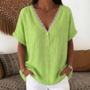 Fashionable Casual Solid-color Lace-trimmed Collar Short Sleeves