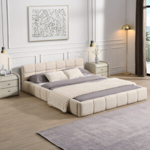 Elegant Beige Chenille Upholstered Bed With Checkerboard Design, Queen, Beige