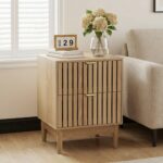 Mid-Modern Style Oak Bedside Table With Grille Design And Two Drawers. Suitable For Bedrooms, Hallways, And Living Rooms. Wooden Side Table, 17.72 X 15.35 X 22.34 Inches, Two-piece Set