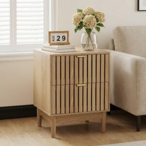 Mid-Modern Style Oak Bedside Table With Grille Design And Two Drawers. Suitable For Bedrooms, Hallways, And Living Rooms. Wooden Side Table, 17.72 X 15.35 X 22.34 Inches, Two-piece Set