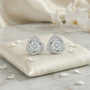 925 Sterling Silver Elegant Brilliant-Cut Diamond Stud Earrings with Intricate Pavé Halo Design