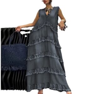 Solid-color V-neck Fashionable Raw-edge Patchwork Denim Dress