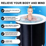 Advertisement for a round spa tub with a woman leaning over the rim; features bullets on the left mention foot pump, outdoor cover, cold water therapy, rapid bounce-back, and large size.