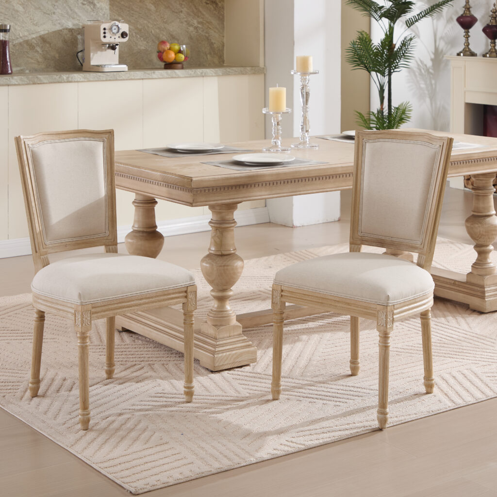 French Country Dining Chairs Set Of 2, Upholstered Chairs With T Shaped Back, Wire Drawing And Carving Techniques ,Disassemblable , For Living Room, Kitchen , Restaurant Use, Beige