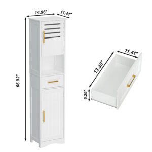 Tall Bathroom Floor Storage Cabinet,Narrow Slim Freestanding Cabinet With 1 Drawer And 2 Doors Storage Cabinet With 5 Adjustable Height Shelf, 15 X 12 X 67Inches, White