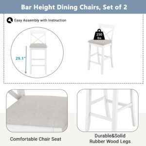 TOPMAX Farmhouse 48 Rectangular Wood Bar Height Dining Set Kitchen Breakfast Nook With 2 Chairs For Small Places,Brown White Beige