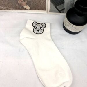 Women's Cute Bear Rhinestone Ankle Socks, Black White Gray Cotton Socks With Sparkly Cartoon Bear Design, Casual Crew Socks For Daily Wear & Street Style
