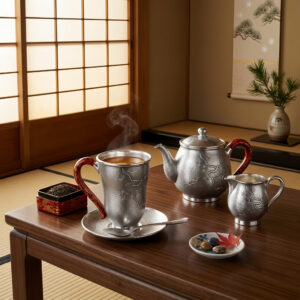 925 Sterling Silver Handcrafted Silver Textured Mug with Elegant Red Patterned Handle and Pine Engravings - Handicraft