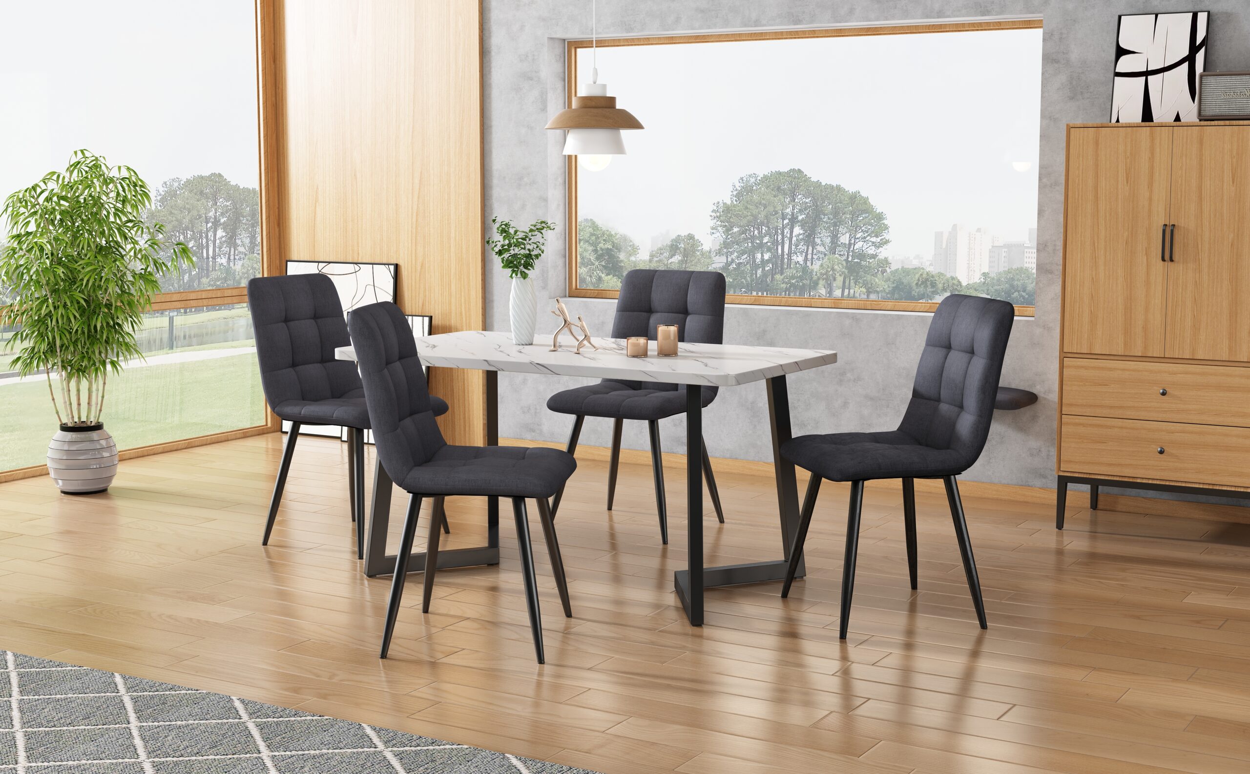 117x68cm Dining Table With 4 Chairs Set, Rectangular Dining Table Modern Kitchen Table Set,Dark Grey Linen Dining Chair,Black Table Legs - Image 2
