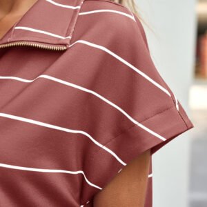 Fisoew Women Summer 2 Piece Outfits Striped Short Sleeve Zipper Shirts Casual Shorts Loose Lounge Short Sets