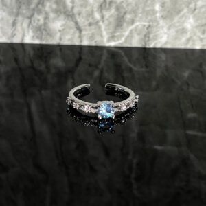 Ocean Blue Zircon Open Ring, Delicate Clear Diamond Inlay, Elegant Skin-friendly, Minimalist Cold Chic Women Jewelry