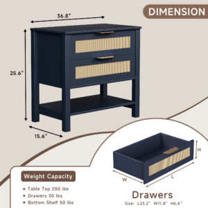 Rattan Nightstand With 2 Drawers And Storage Shelf Boho Bedside Narrow Side Table For Bedroom