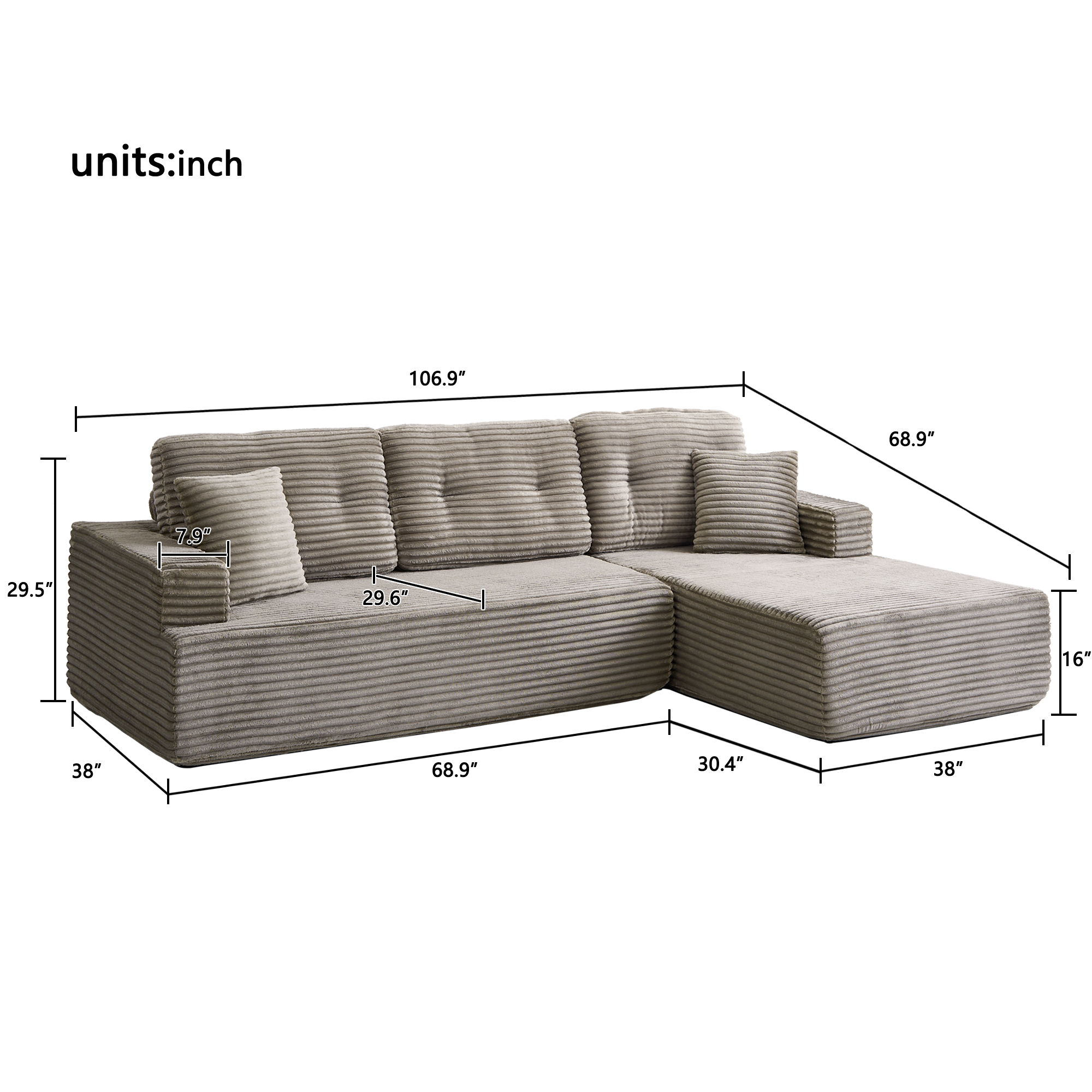 Left-Facing Chaise,L Shape Modular Sectional Sofa, Compressed Sectional Sofa Modern Minimalist Style Corduroy Couch,Unfold Into A Bed, Bedroom, Comfy Compressed Sofa