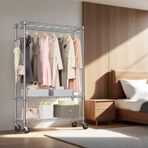 Heavy Duty Garment Rack On Wheels, Rolling Freestanding Closet Organizer And Clothes Rack For Hanging Clothes With 1 Hang Rod, Adjustable Metal Wardrobe, 15.7 D X 45.3 W X 75.6 H, Chrome
