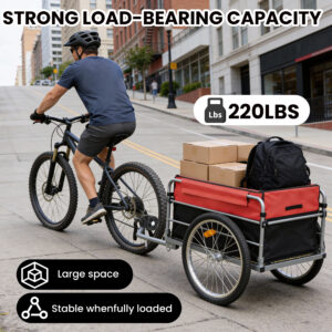 Bike Cargo Trailer, Aluminum Luggage Cart,Heavy Duty 220 Lbs Bicycle Wagon Cart, 20 Whee,l Folding Groceries Hauler With Safe Hitch System, Removable Cover, Oxford Fabric For Cycling Travel