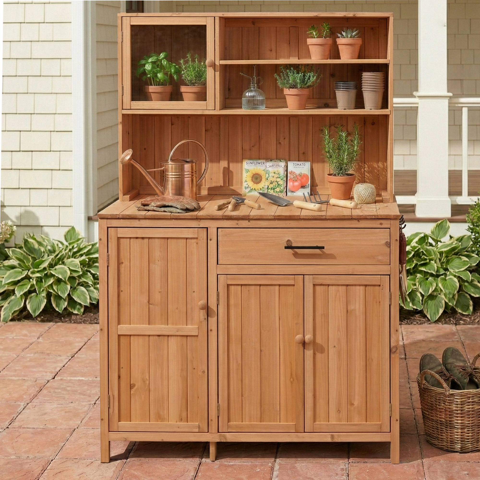 With Assembly Video TOPAMx Potting Bench With Hutch 65 H Solid Fir Wood Garden Workstation Large Countertop Patio Kitchen Island With Adjustable Shelves Spice Rack Side Hook And Drawer Natural