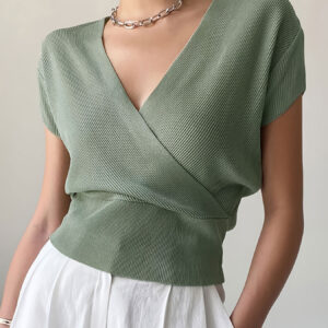 V-neck Knitted Short-sleeve High-waisted Loose T-shirt Knitted Top