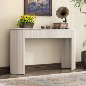 TREXM Entryway Table With Fluted Design Modern Console Table With Storage Oval Top And 2 Drawers For Entryway And Living Room Champagne White