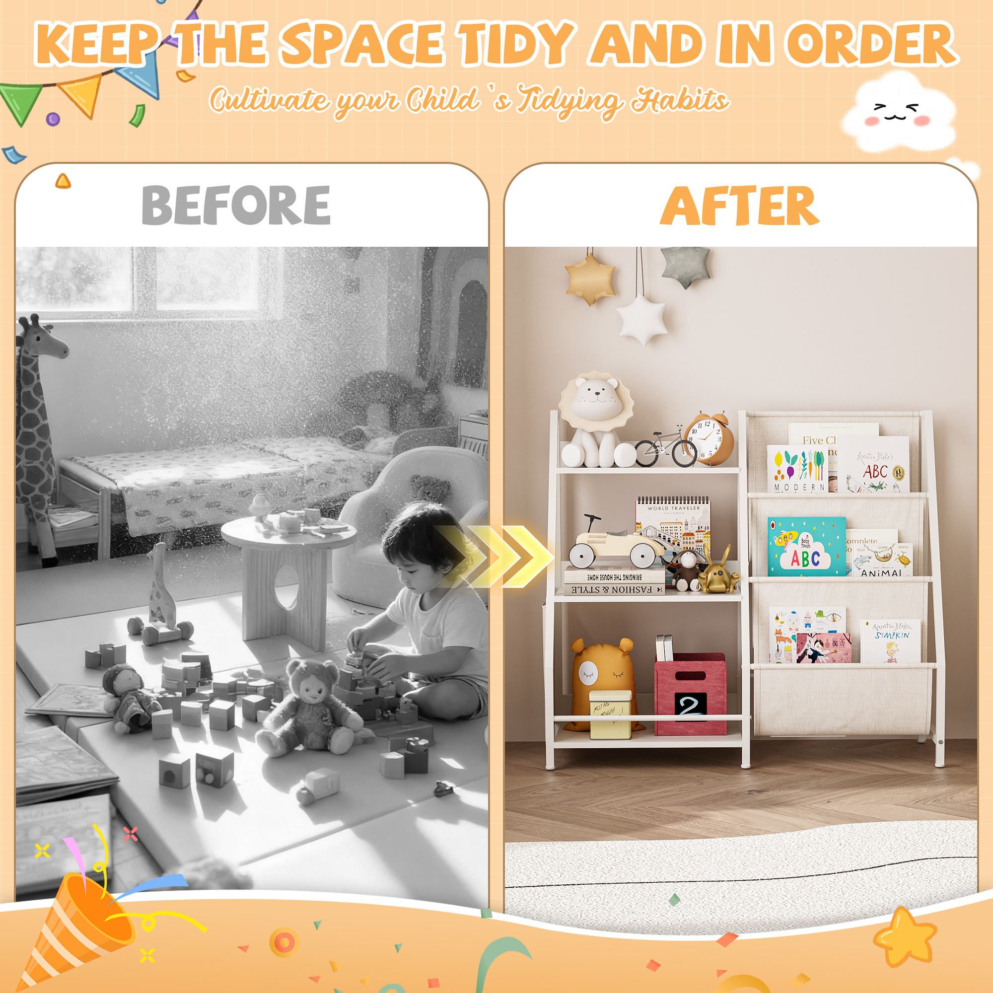Kids Bookshelf And Toy Storage Organizer, Montessori Bookcase For Toddler Nursery, Wooden & Fabric Book Shelf With Anti-Tip Safety, White - Image 5