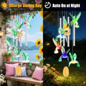 Solar Hummingbird Wind Chime With Aluminum Tubes 7 Color Changing Wind Chime For Outside IPX4 Waterproof Outdoor Garden Yard Decor