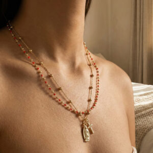 Handmade Beaded Red And Gold Double-Layer Necklace