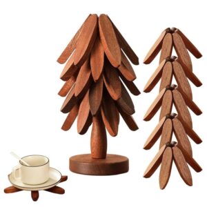 Christmas Tree Trivet Set Natural Hardwood Decoration Coaster With Leaf Texture