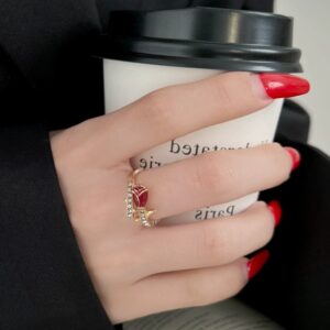 Enamel Red Rose Ring For Women, Light Luxury New Year Index Finger Ring, Open Adjustable Niche Design Delicate Ring