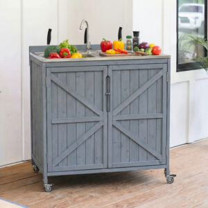 K&K 39.4 Outdoor Kitchen Island With Sink, Outdoor Kitchen Sink Station W 304 Stainless Steel Sink, Hose Hook Up & Faucet, Outdoor Kitchen Cabinet W Back Splash & 4 Wheels For Pizza Prep,Grey Blue