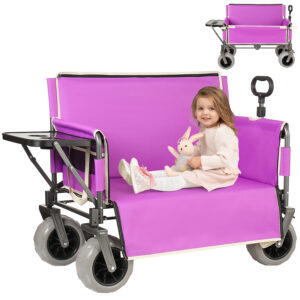 3- In- 1 Collapsible Wagon Converts To Bench Convertible Folding Wagon Cart With Rear- Mounted Folding Tabletop 500lbs Heavy- Duty 180L Capacity For Camping Beach Garden Fishing- Purple