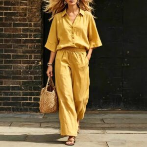 Womens Short-Sleeve Shirt And Loose Pants Two-Piece Set