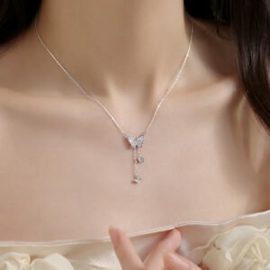 Full-Crystal Three-Butterfly Tassel Necklace For Women
