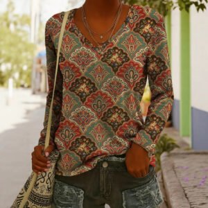 Fashionable Ethnic-Style Printed V-Neck Long-Sleeve T-Shirt