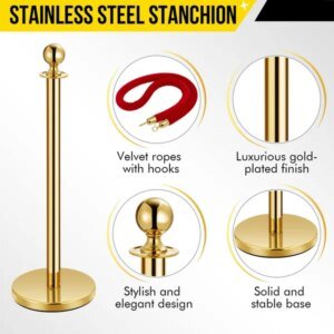 4 Pcs Stainless Steel Stanchion Post Queue, 5ft Red Velvet Rope Red Carpet Ropes And Poles Stanchions And Velvet Ropes Gold Stanchions With Red Rope Crowd Control Barriers For Party Supplies
