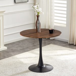 Round Dining Table, 31.5in Circle Tulip Table With Thickened Tabletop & Metal Pedestal, Mid Century Modern Bistro Table For Kitchen, Small Places, Living Room, Cafe Faux Walnut