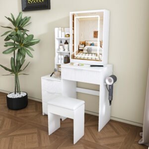 Modern Vanity Desk Featuring 3 Modes Of LED Lighting With Adjustable Brightness With 4 Drawers And Multiple Open Storage Shelves With A Hair Dryer Holder And Power Socket A Dressing Chair.white