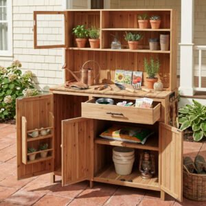 With Assembly Video TOPAMx Potting Bench With Hutch 65 H Solid Fir Wood Garden Workstation Large Countertop Patio Kitchen Island With Adjustable Shelves Spice Rack Side Hook And Drawer Natural