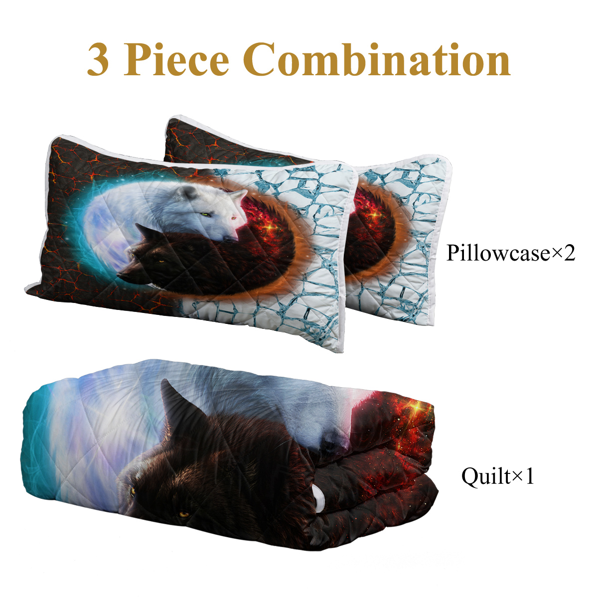 Tai Chi Wolf Quilt Set, Safari Animals Black White Quilt Bedding Set With 2 Pillowcases, Traditional Chinese Paint Graffiti Red Blue Bedding Set