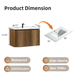 30inch Gloden Oak Folding Wall Cabinet With Creamic Sink- Patented 1-Minute Install Space-Saving & Easy Assemble Modern Style