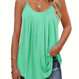 Women's Casual Summer Pleated Round Neck Keyhole Loose Top