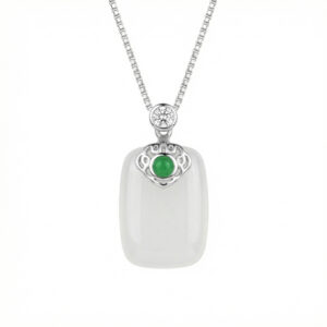 925 Sterling Silver Elegant White Jade Pendant Necklace with Emerald and CZ Accents