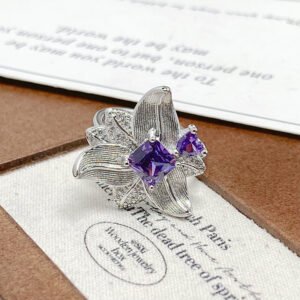 Lucky Purple Zircon Full Paved Ring, Super Sparkly Floral Open Ring, Light Luxury Exquisite Finger Band