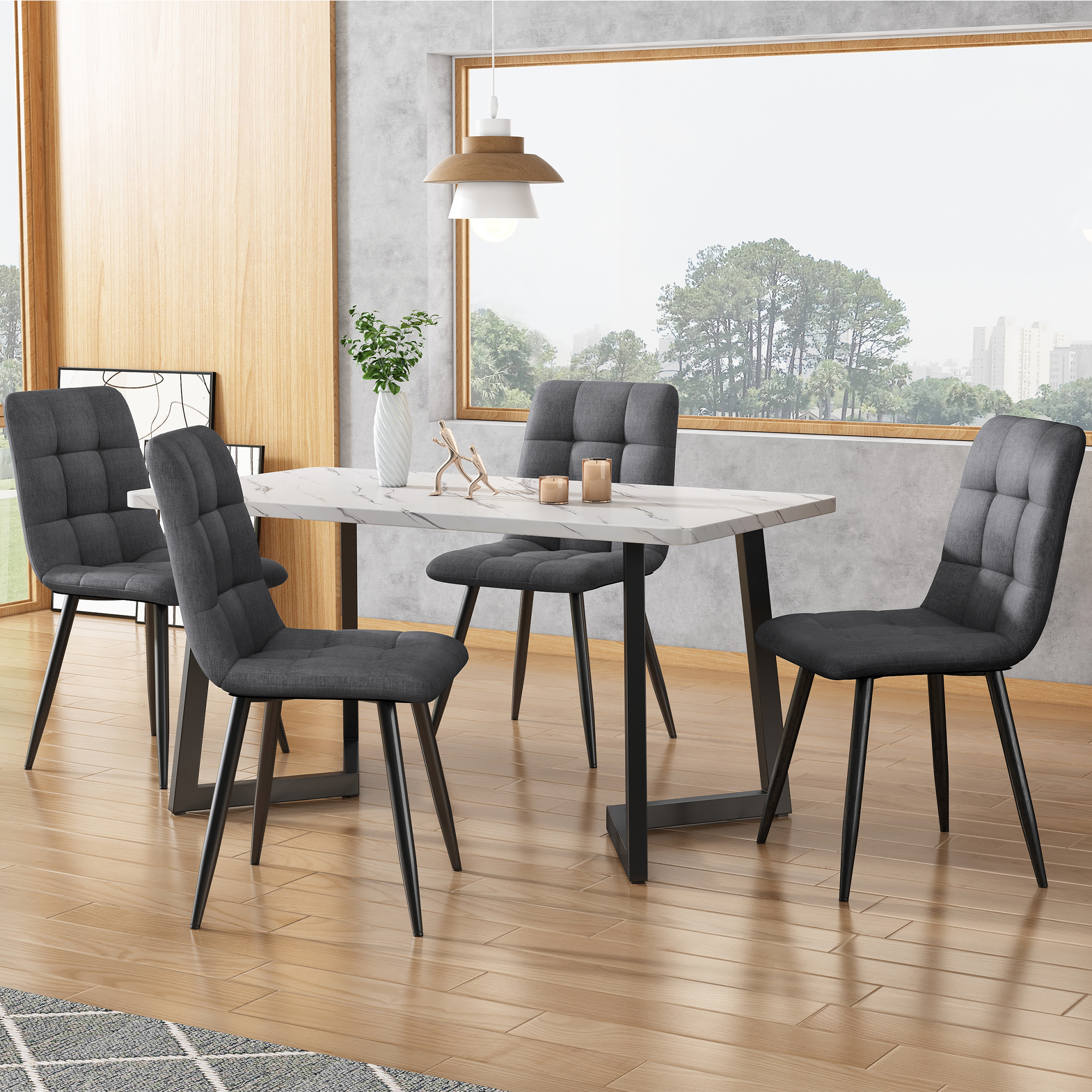 117x68cm Dining Table With 4 Chairs Set, Rectangular Dining Table Modern Kitchen Table Set,Dark Grey Linen Dining Chair,Black Table Legs - Image 5